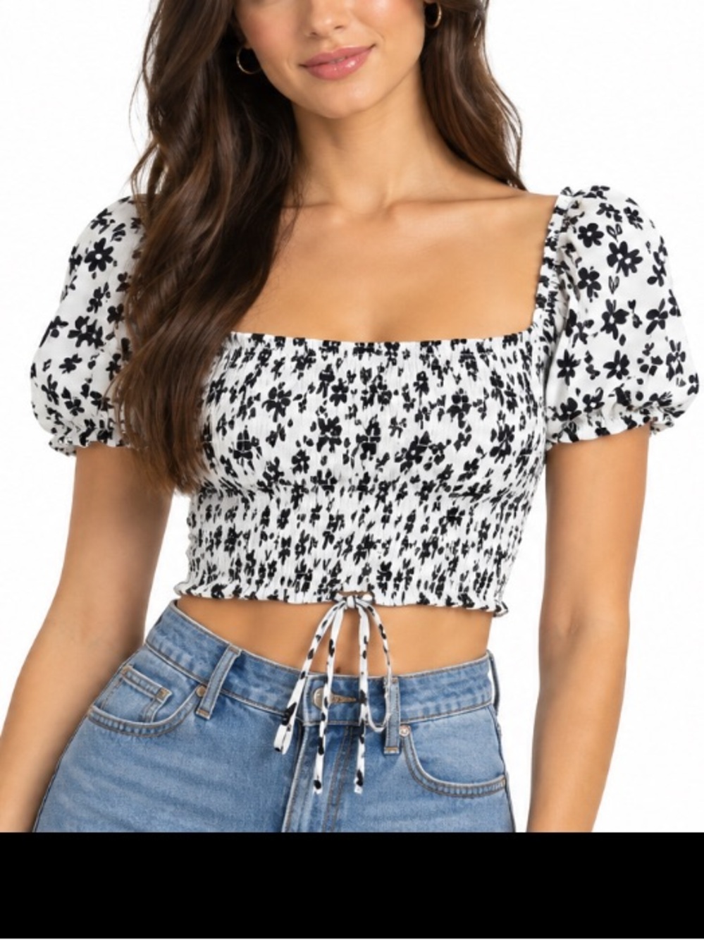 Kendall & Kylie Smocked Crop Top Drawstring Bell Balloon Sleeve Floral Large